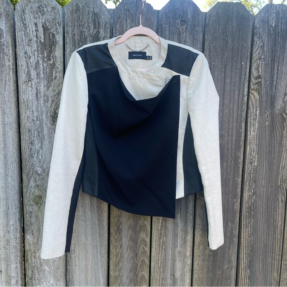 Karen Millen / Black and Cream Cape Front Bomber Jacket / Linen Cotton / 8